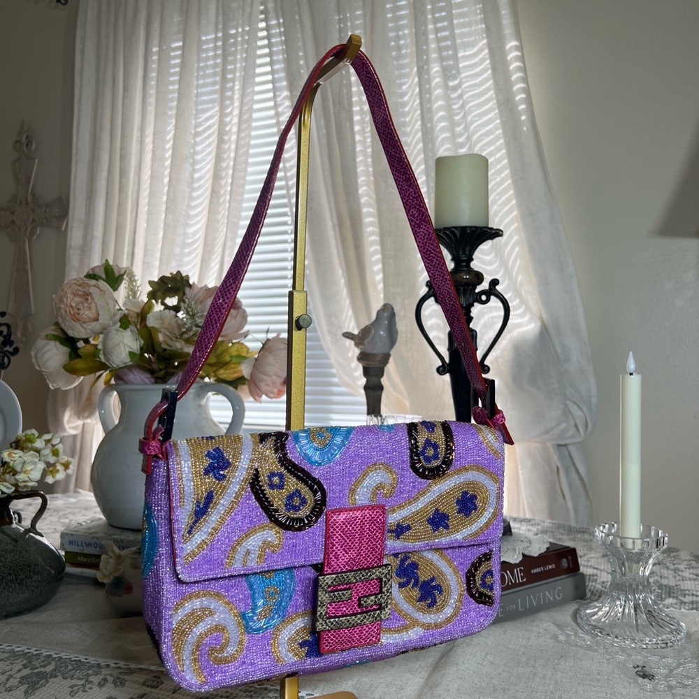 Rare Vintage Fendi Purple Beaded Paisley Shoulder Bag